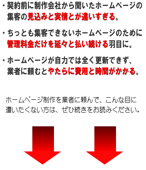 ・契約前に制作会社から聞いたホームページの 　集客の見込みと実情とが違いすぎる。 ・ちっとも集客できないホームページのために 　管理料金だけを延々と払い続ける羽目に。 ・ホームページが自力では全く更新できず、 　業者に頼むとやたらに費用と時間がかかる。 ホームページ制作を業者に頼んで、こんな目に 遭いたくない方は、ぜひ続きをお読みください。